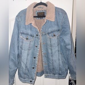 Fossil Men's Light Blue Denim Jacket with Brown Lining